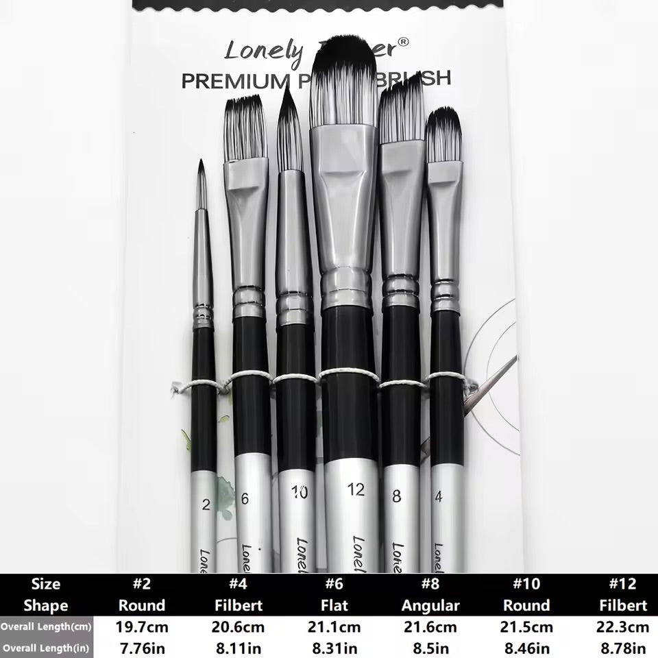 6pcs Professional Artist Paint Brush Set - Different Tips - Round, Filbert, Flat, Angle for Acrylic, Oil, Watercolor Painting