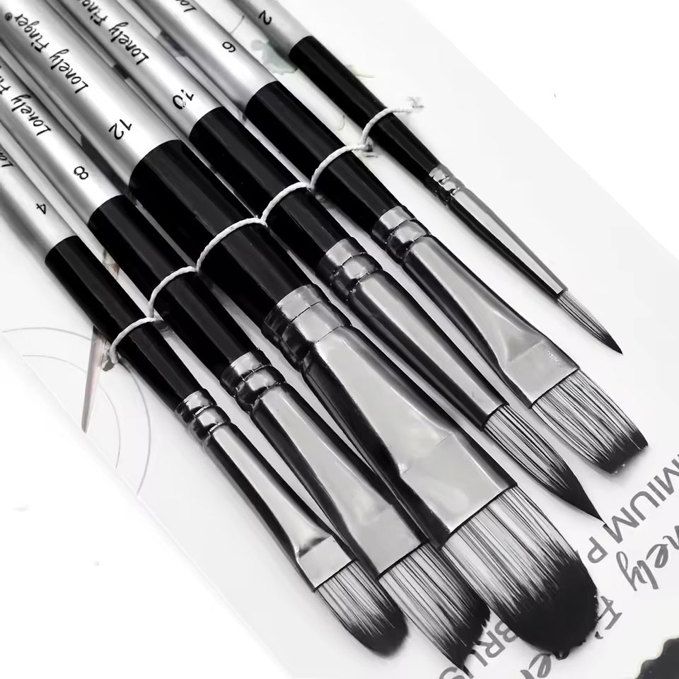 6pcs Professional Artist Paint Brush Set - Different Tips - Round, Filbert, Flat, Angle for Acrylic, Oil, Watercolor Painting