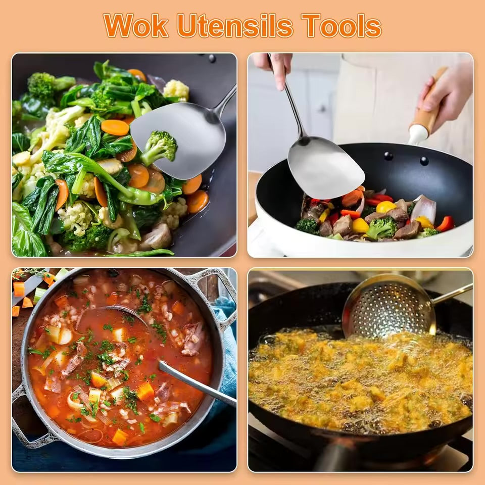Wok Spatula and Ladle, Skimmer Spoon, Slotted Turner Spatula Set, Stainless Steel Kitchen Utensils Sets, with wooden handle