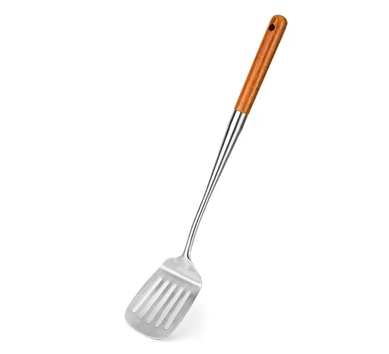 Wok Spatula and Ladle, Skimmer Spoon, Slotted Turner Spatula Set, Stainless Steel Kitchen Utensils Sets, with wooden handle