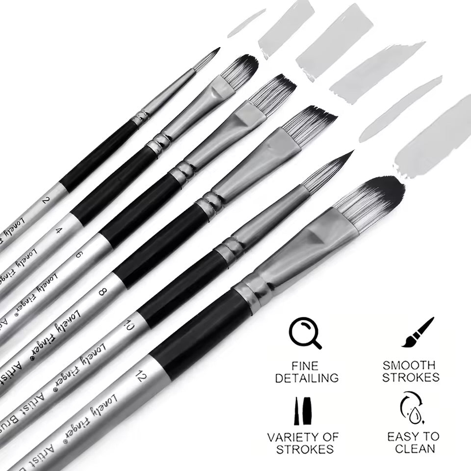 6pcs Professional Artist Paint Brush Set - Different Tips - Round, Filbert, Flat, Angle for Acrylic, Oil, Watercolor Painting