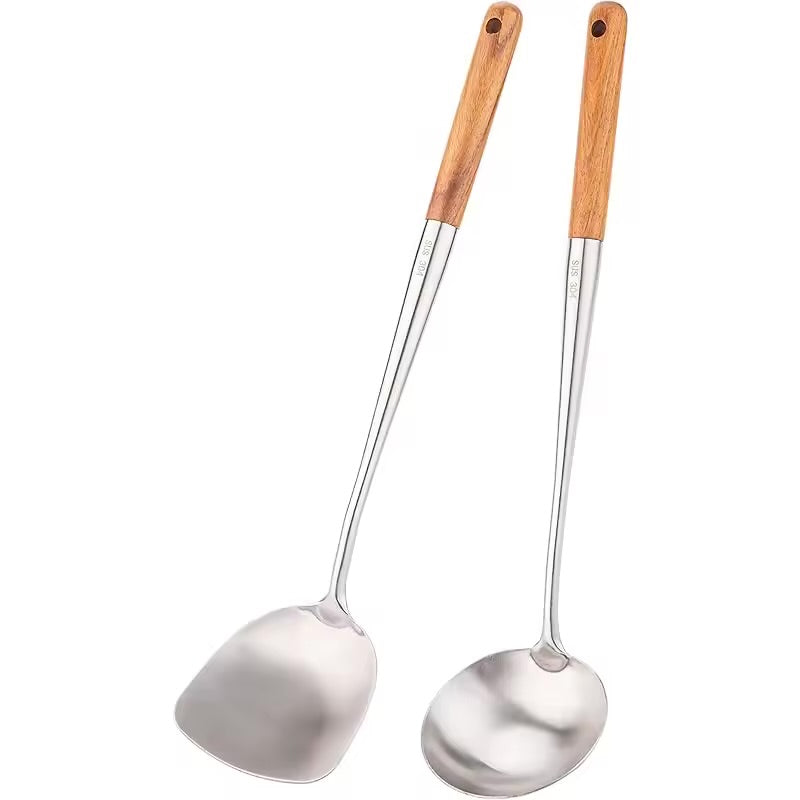Wok Spatula and Ladle, Skimmer Spoon, Slotted Turner Spatula Set, Stainless Steel Kitchen Utensils Sets, with wooden handle