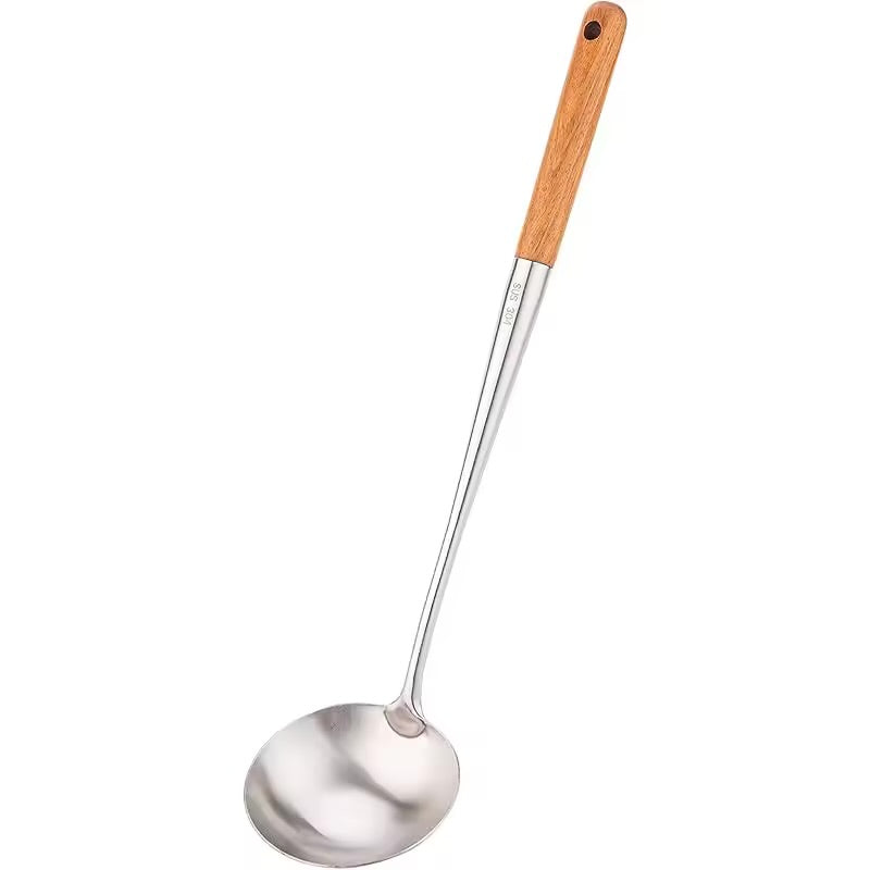 Wok Spatula and Ladle, Skimmer Spoon, Slotted Turner Spatula Set, Stainless Steel Kitchen Utensils Sets, with wooden handle