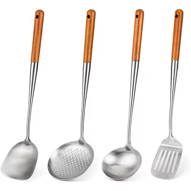 Wok Spatula and Ladle, Skimmer Spoon, Slotted Turner Spatula Set, Stainless Steel Kitchen Utensils Sets, with wooden handle