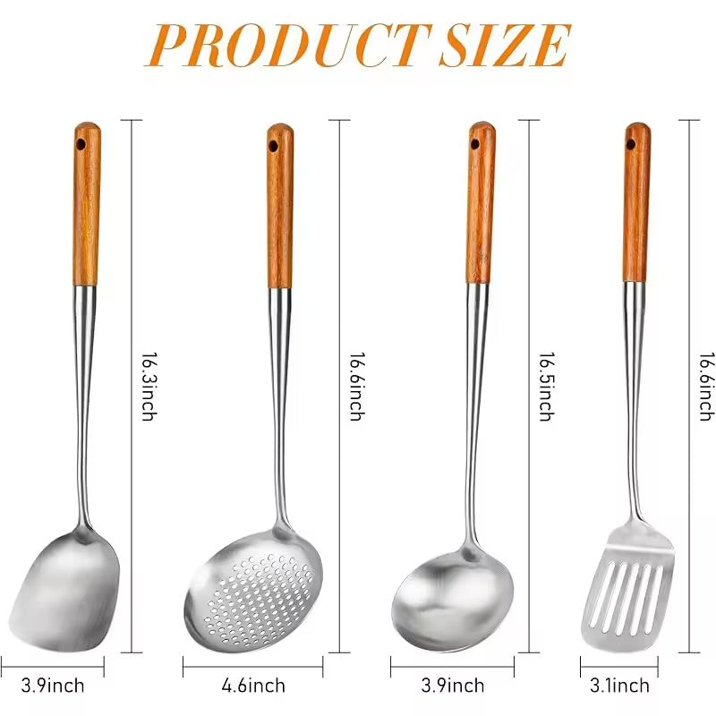 Wok Spatula and Ladle, Skimmer Spoon, Slotted Turner Spatula Set, Stainless Steel Kitchen Utensils Sets, with wooden handle
